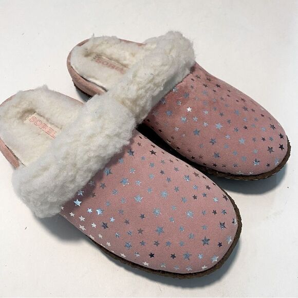 Sorel girls pink LEATHER SUEDE Nakiska Faux Fur slipper slides mule kids - 4 - Picture 2 of 7